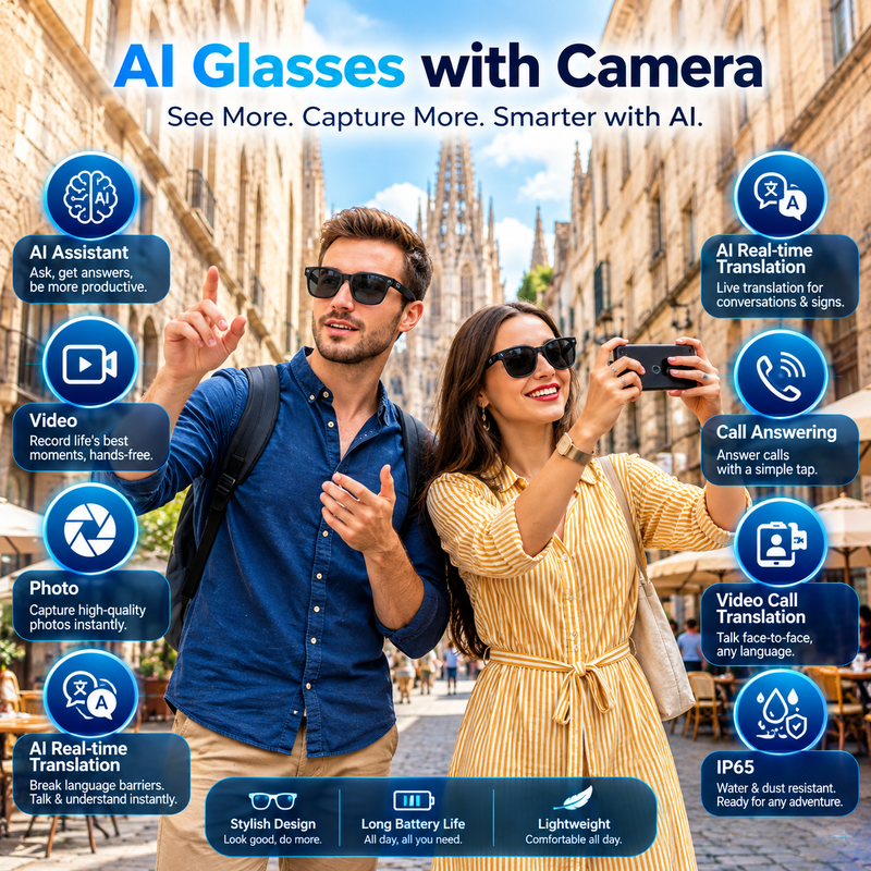 AI Smart Glasses with 8MP HD Camera – Hands-Free Video, Voice Assistant & Translation | 3 Interchangeable Lenses |    نظارات AI الذكية بكاميرا HD بدقة 8 ميجابكسل