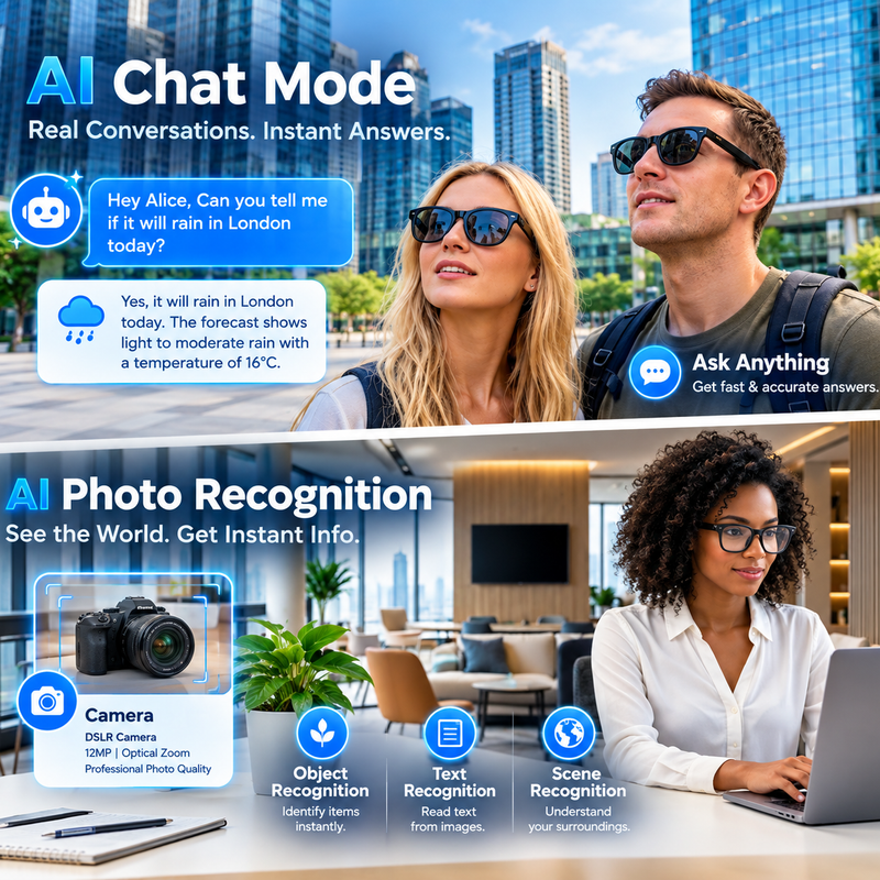 AI Smart Glasses with 8MP HD Camera – Hands-Free Video, Voice Assistant & Translation | 3 Interchangeable Lenses |    نظارات AI الذكية بكاميرا HD بدقة 8 ميجابكسل