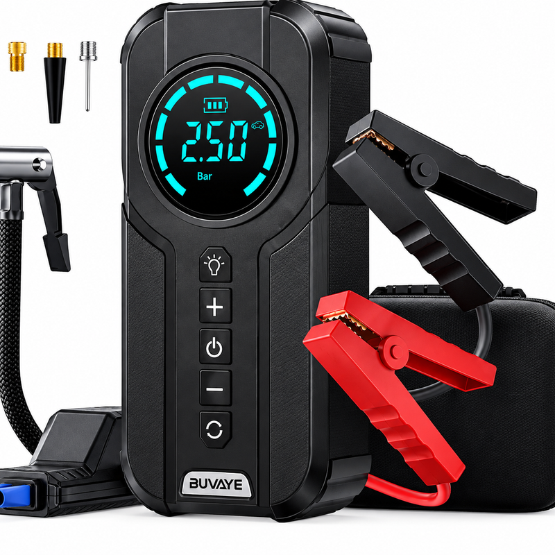 Emergency Jump Starter – 4-in-1 Car Power Bank, Tire Inflator & Flashlight | ستارتر الطوارئ – جهاز 4 في 1: باور بانك، منفاخ إطارات وكشاف إضاءة للسيارة