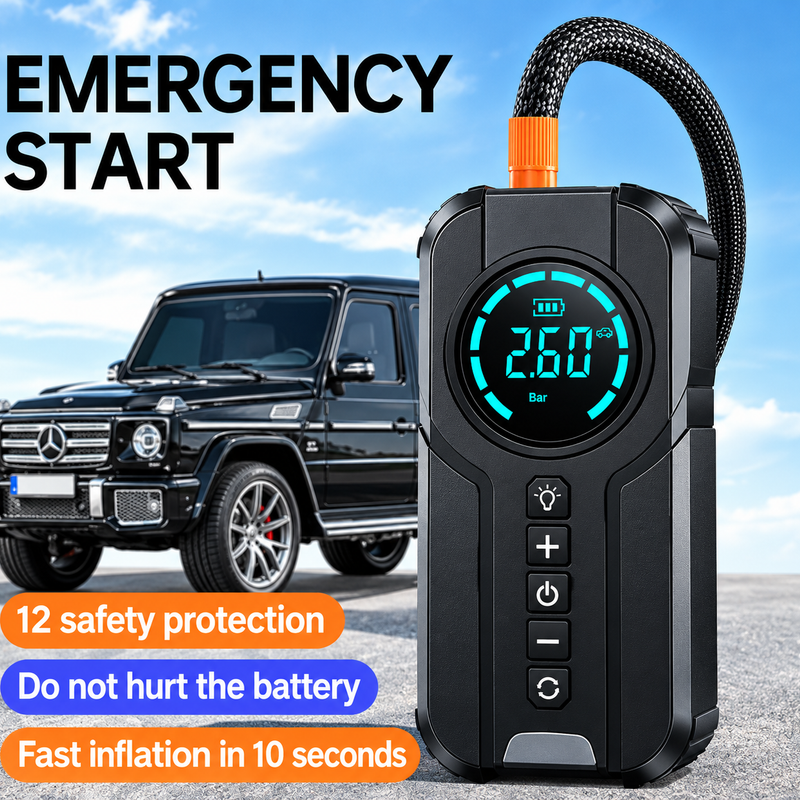 Emergency Jump Starter – 4-in-1 Car Power Bank, Tire Inflator & Flashlight | ستارتر الطوارئ – جهاز 4 في 1: باور بانك، منفاخ إطارات وكشاف إضاءة للسيارة