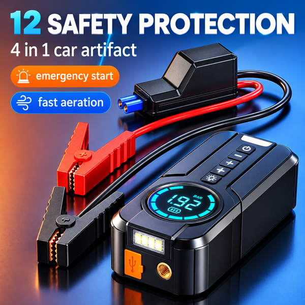 Emergency Jump Starter – 4-in-1 Car Power Bank, Tire Inflator & Flashlight | ستارتر الطوارئ – جهاز 4 في 1: باور بانك، منفاخ إطارات وكشاف إضاءة للسيارة