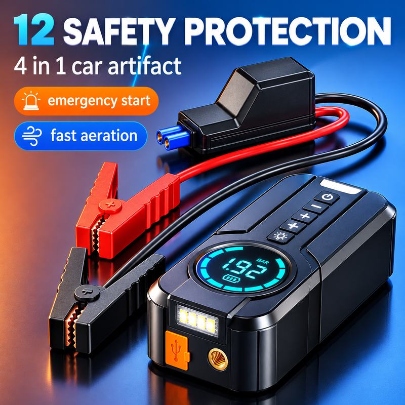 Emergency Jump Starter – 4-in-1 Car Power Bank, Tire Inflator & Flashlight | ستارتر الطوارئ – جهاز 4 في 1: باور بانك، منفاخ إطارات وكشاف إضاءة للسيارة